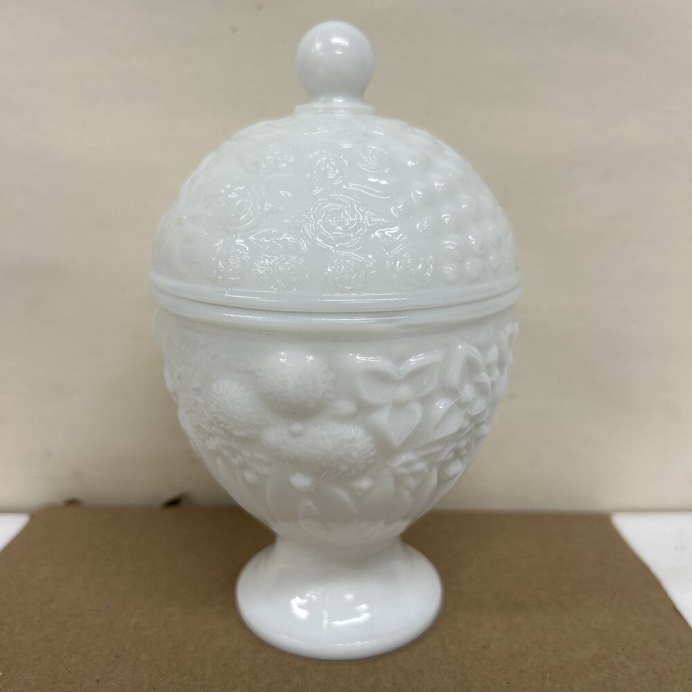 VTG Avon 1960 Milk Glass Lidded Candy Dish Compote Embossed Floral Fruit White